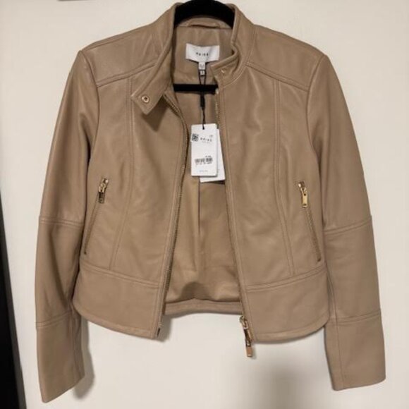 Reiss Camel Lola Leather Biker Jacket, camel with gold hardware, size 4 NWT - Picture 2 of 11